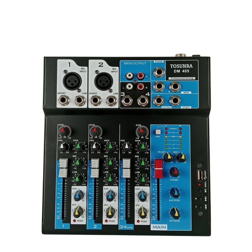 Tosunra by Winland 4-CH Mixer w/ 2 Mic/Line XLR, 1 Stereo (6.35mm + RCA), 1 MP3/USB/BT TOS-DM405