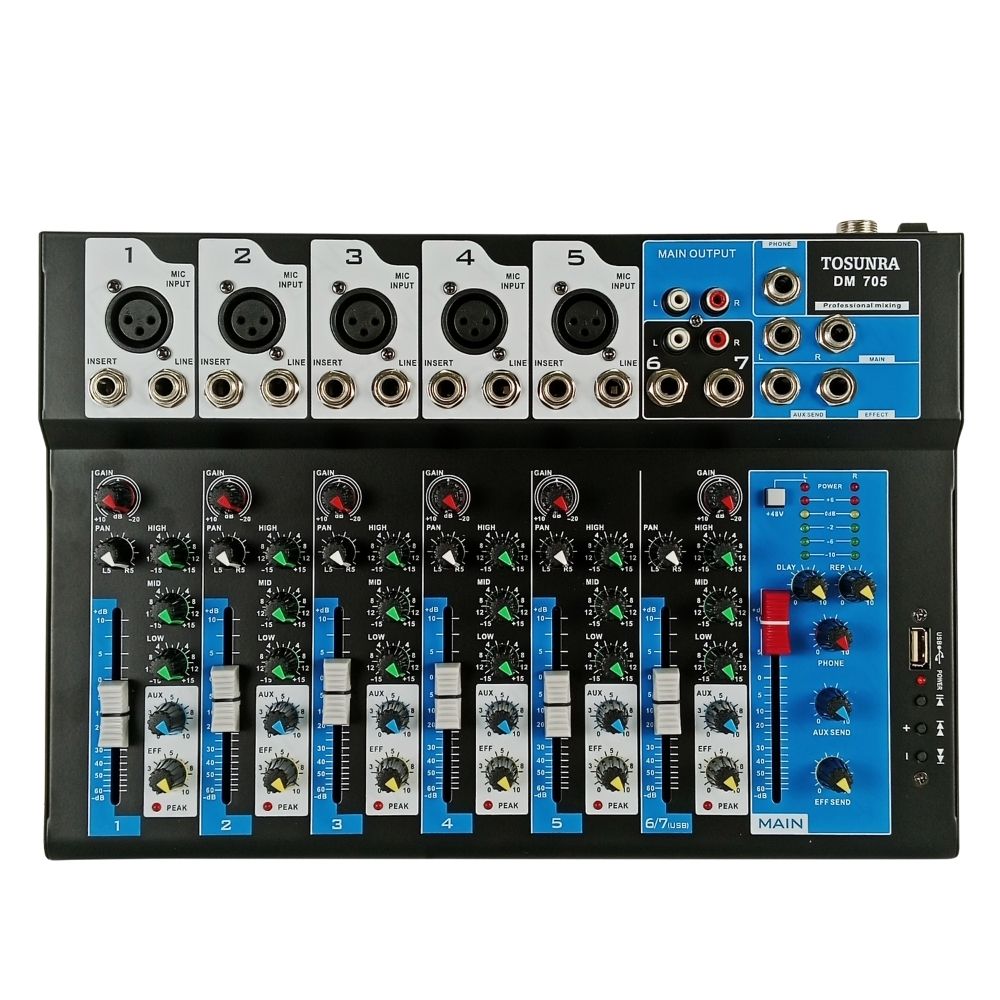 Tosunra by Winland 7-CH Mixer w/ 5 Mic/Line XLR, 1 Stereo (6.35mm + RCA), 1 MP3/USB/BT TOS-DM705