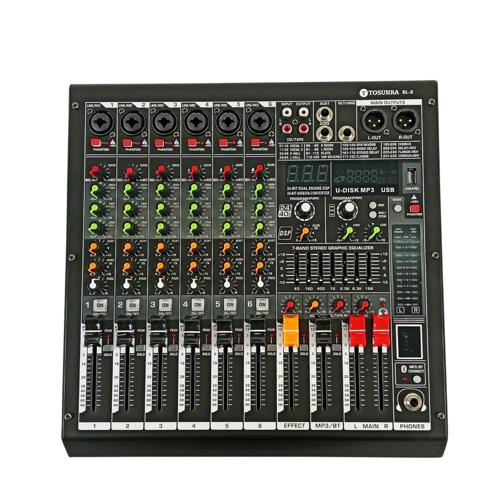Tosunra by Winland 6-CH Professional Audio Mixer with BT, USB, MP3 Player & Digital Effects TOS-BL-6