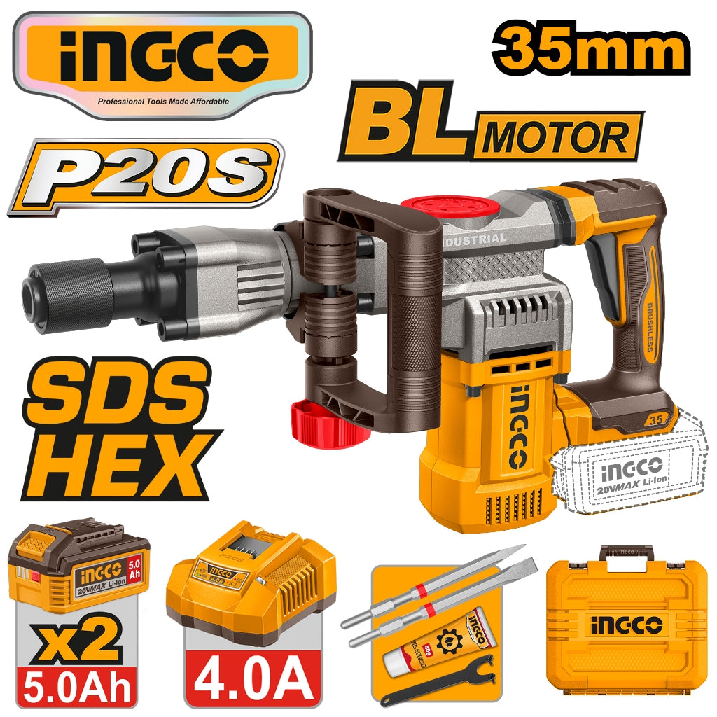 Ingco by Winland P20S/20V Lithium-Ion Brushless 35mm Cordless Demolition Breaker CDBLI203582 ING-PT