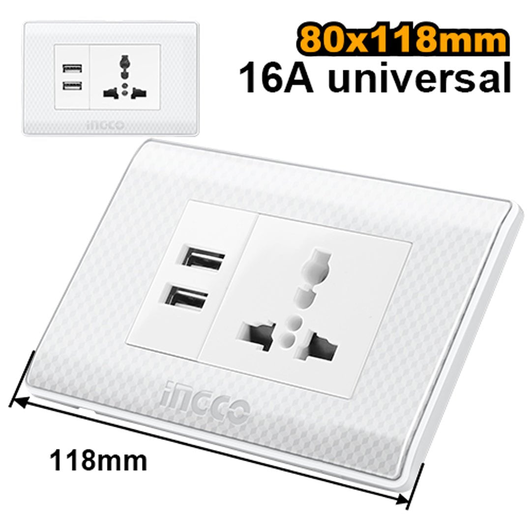 Ingco 1 - Gang Socket Outlet with 2 USB 118 x 80mm HESST181101US - Winland Depot