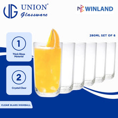 Union GLASS Thailand Clear Glass Highball Water, Juice, Soda, Liquor Glass 280ml Set of 6