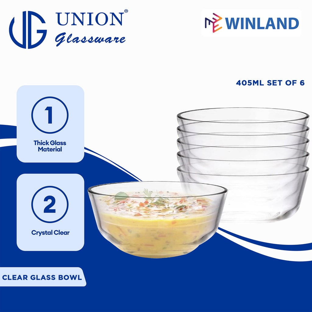 Union GLASS Thailand Premium Clear Glass Bowl 405ml | 4.6oz | 4.6" Set of 6