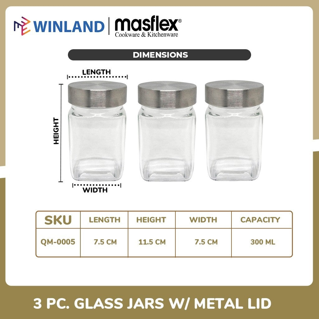 Masflex by Winland 3 Piece Glass Container Jars with Metal Lid QM-0005