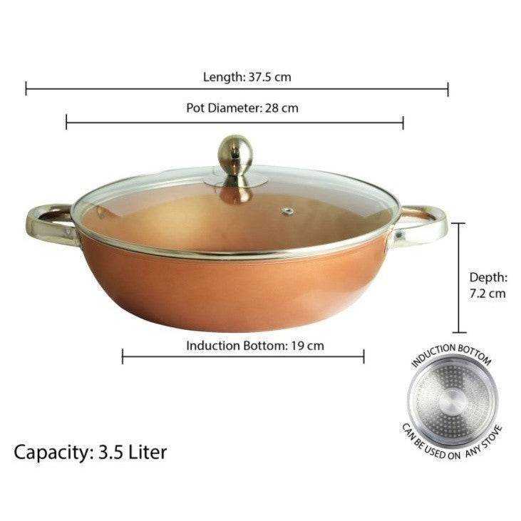 Masflex by Winland 28 cm Aluminum Non Stick Induction Copper Skillet with Glass Lid NK-FS