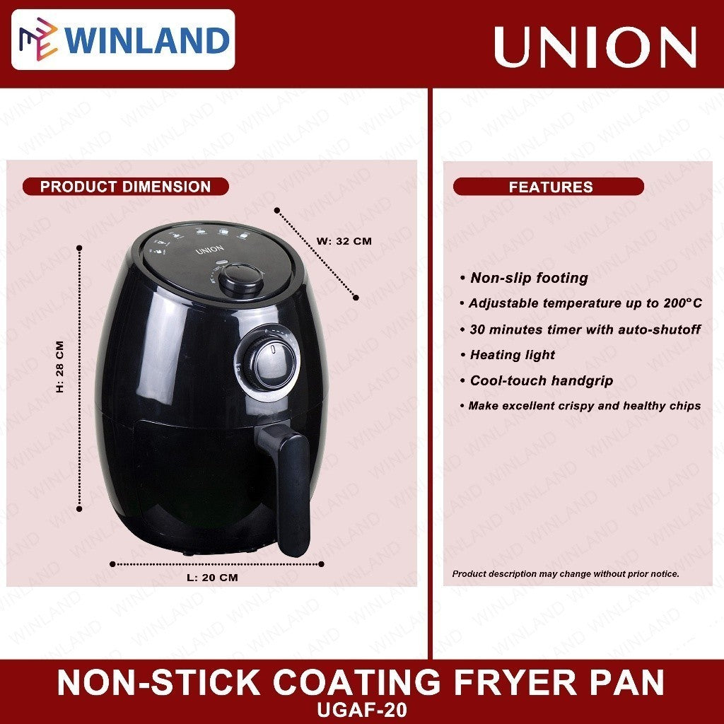 Union 2.0Liters Air Fryer 6 Pre-set Cooking Modes Non-stick coating Fryer pan UGAF-20