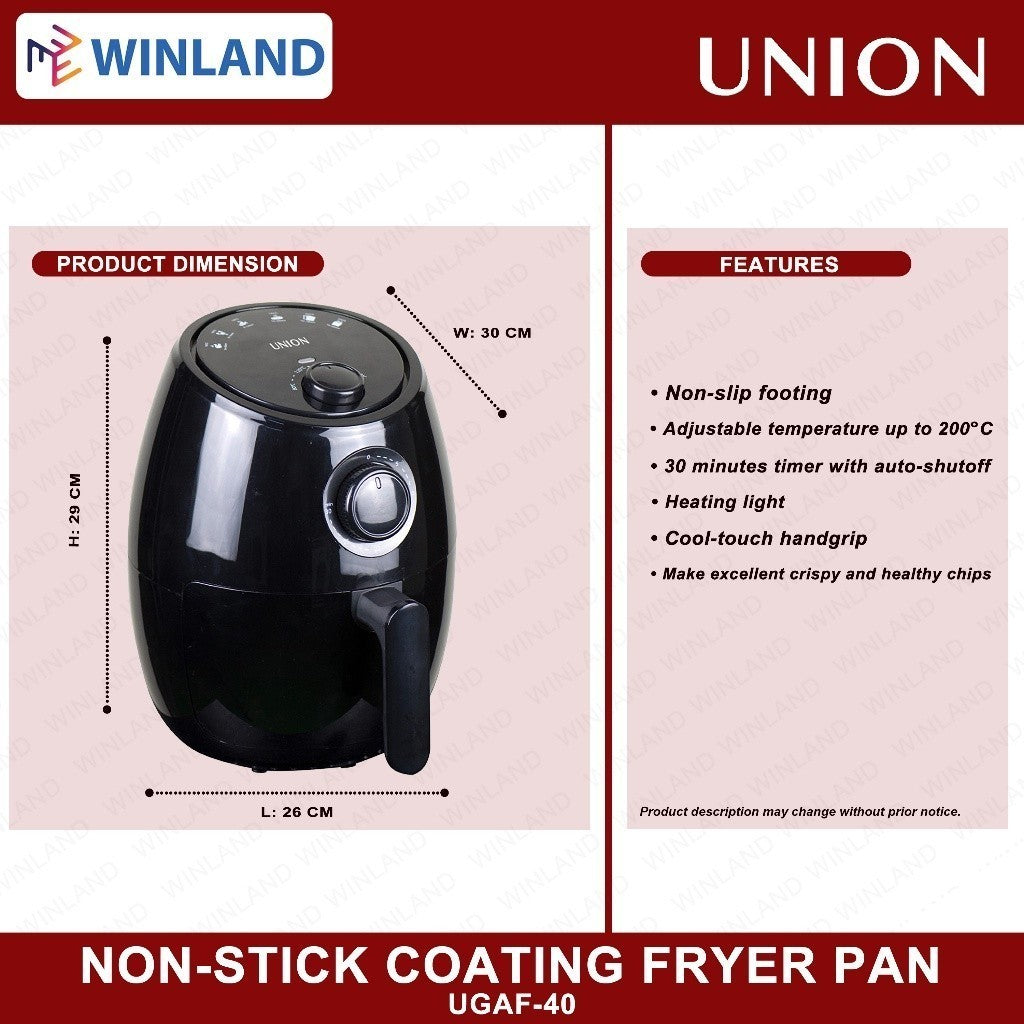 Union 4.0Liters Air Fryer 5 Pre-set Cooking Modes Non-stick coating Fryer pan UGAF-40