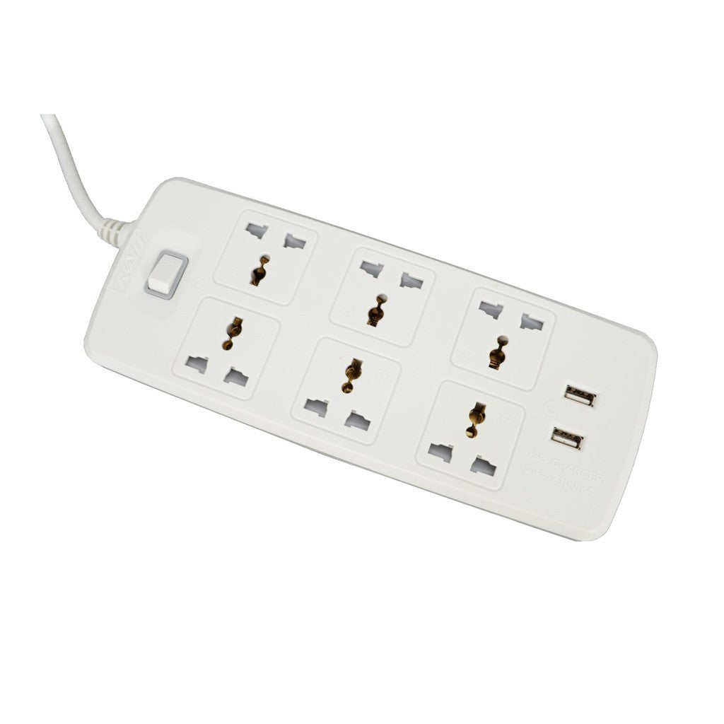 Royu by Winland 6 Socket 2 Meter Power Extension Cord Cable Wire & 2 USB Ports REDEC626