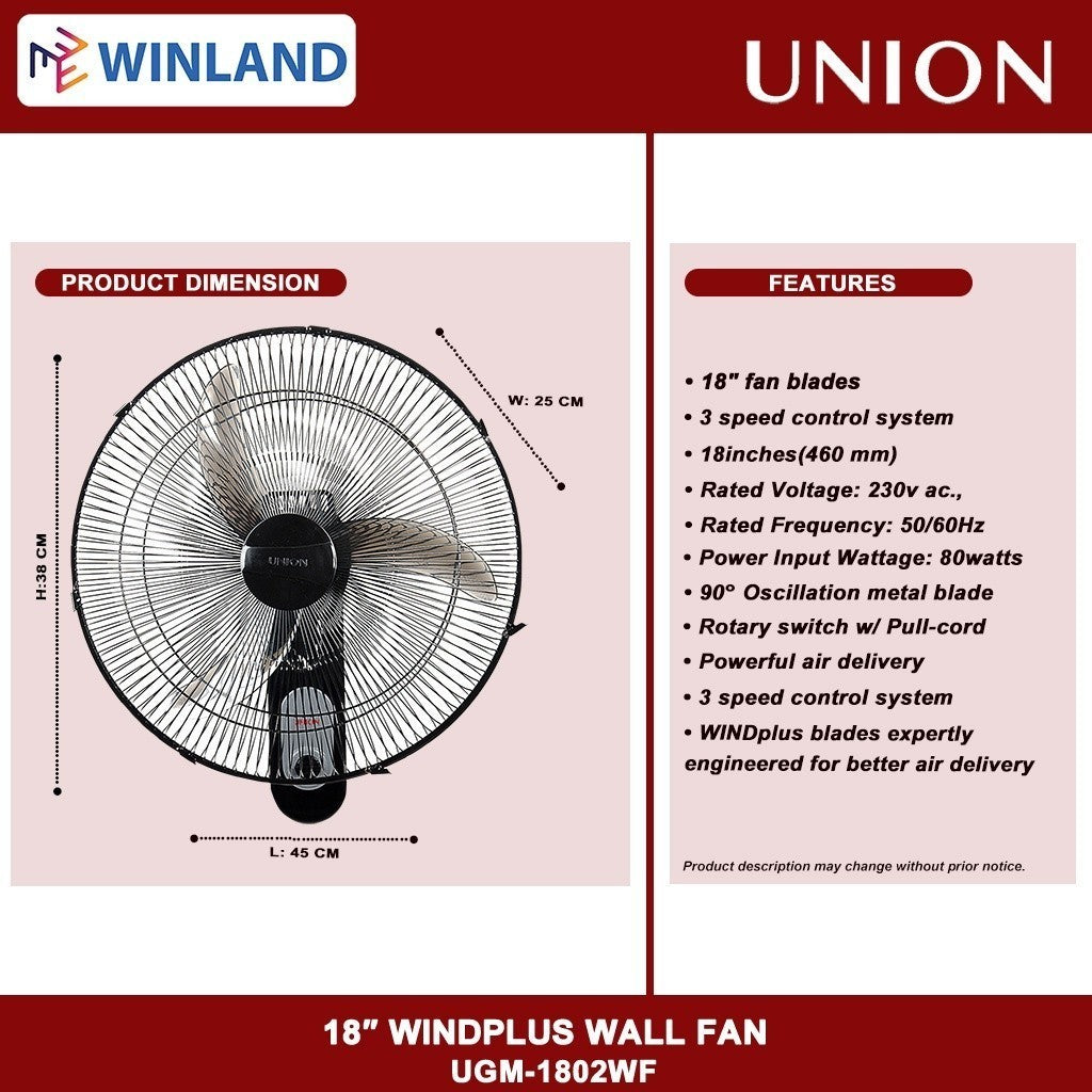 Union 18inches Windplus Wall Fan / Electric Fan UGM-1802WF