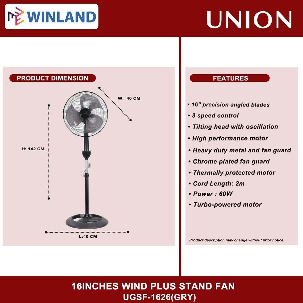 Union 16inches Wind plus Stand Fan / Electric Fan UGSF-1626(GRY)