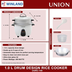 Union 1.0L Drum Design Rice Cooker Tempered Glass Lid w/ Steamer UGRC-140