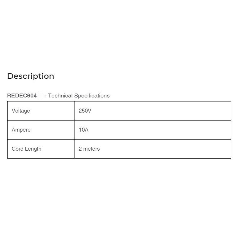 Royu by Winland 4 Outlets 2 Meter Extension Cord Cable Wire Overload & Surge Protection REDEC604