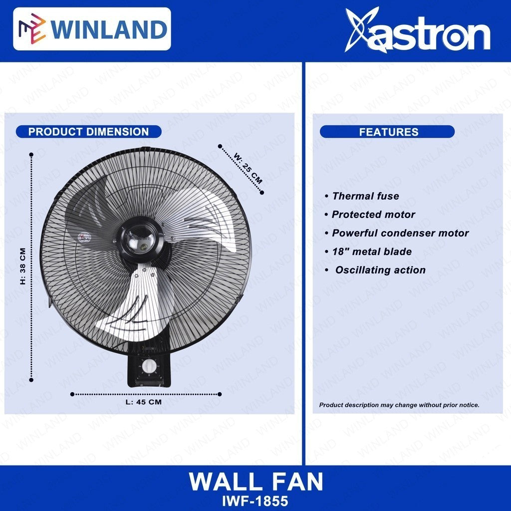 Astron by Winland Mercury 18" Industrial Wall Fan | Electric Fan 70watts (Black)