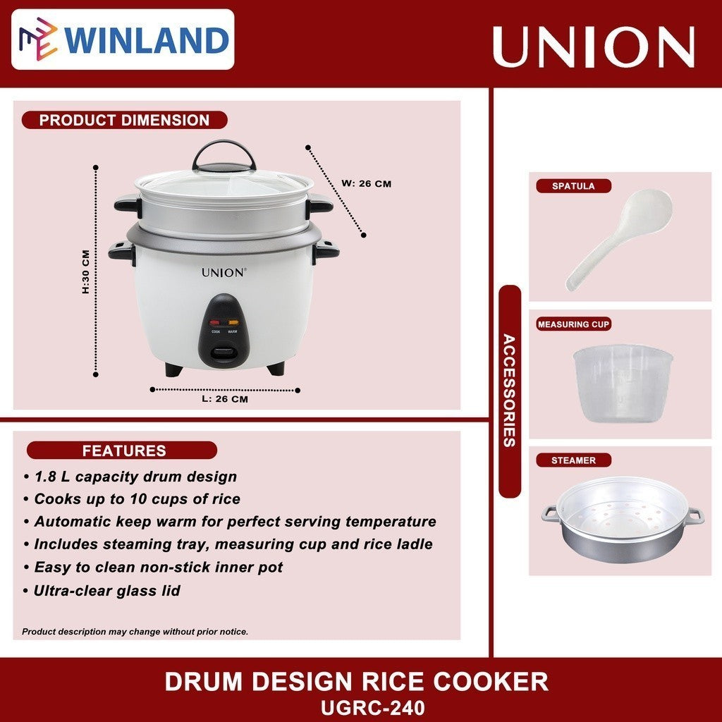 Union 1.8L 10cups Drum Design Rice Cooker Tempered Glass Lid w/ Steamer UGRC-240