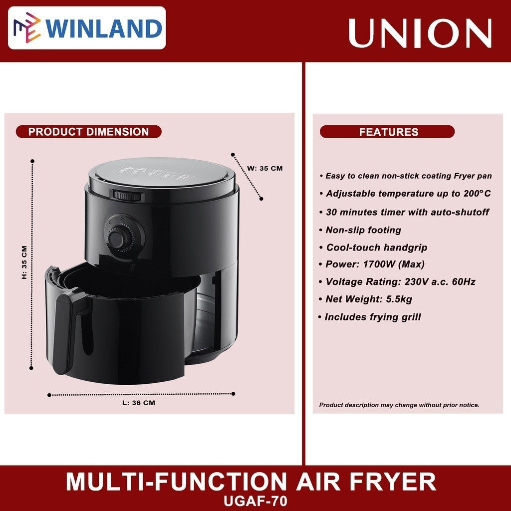 Union 7.0Liters Non-Sticky Multi-function Air Fryer Oil-free Airfryer UGAF-70