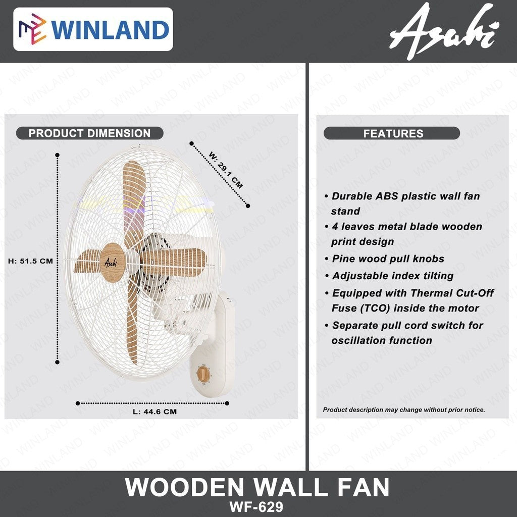 Asahi by Winland 16 inch Wooden Wall Fan | Electric Fan 3 Speed Setting WF-629