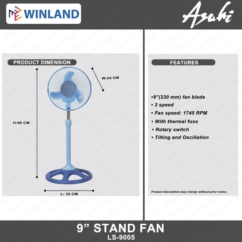 Asahi by Winland Electric Fan | 9inches(230 mm) Stand Fan Banana Type LS-9005