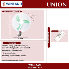 Union 16inches Perfect Timing Wall Fan / Electric Fan w/ Remote UGM-1604WFR