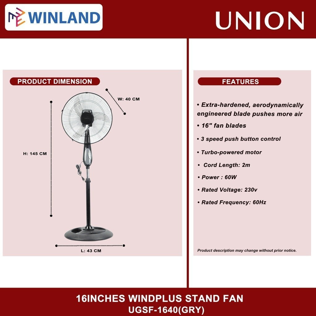 Union 16inches WINDplus Stand Fan / Electric Fan UGSF-1640(GRY)