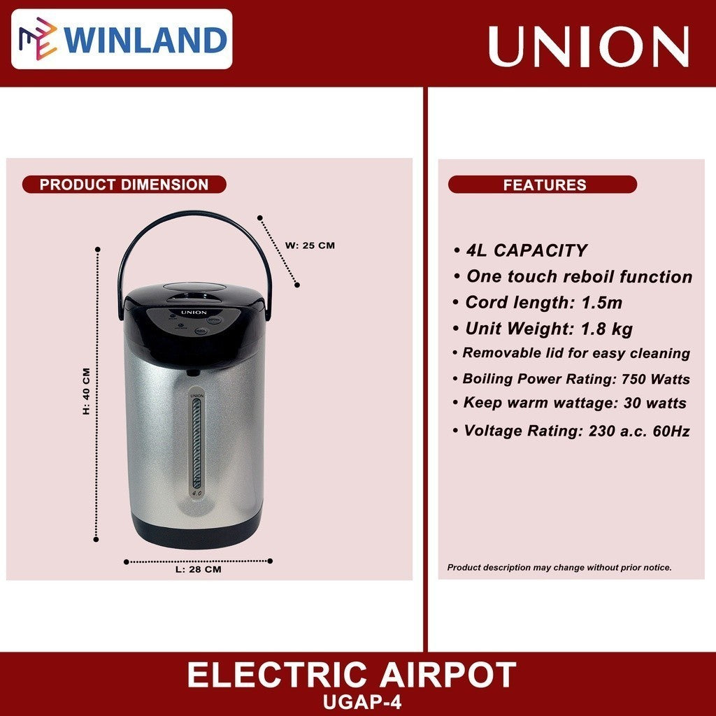 Union 4.0L Stainless Steel body Electric Airpot Thermos Air Pot Water Dispenser UGAP-4