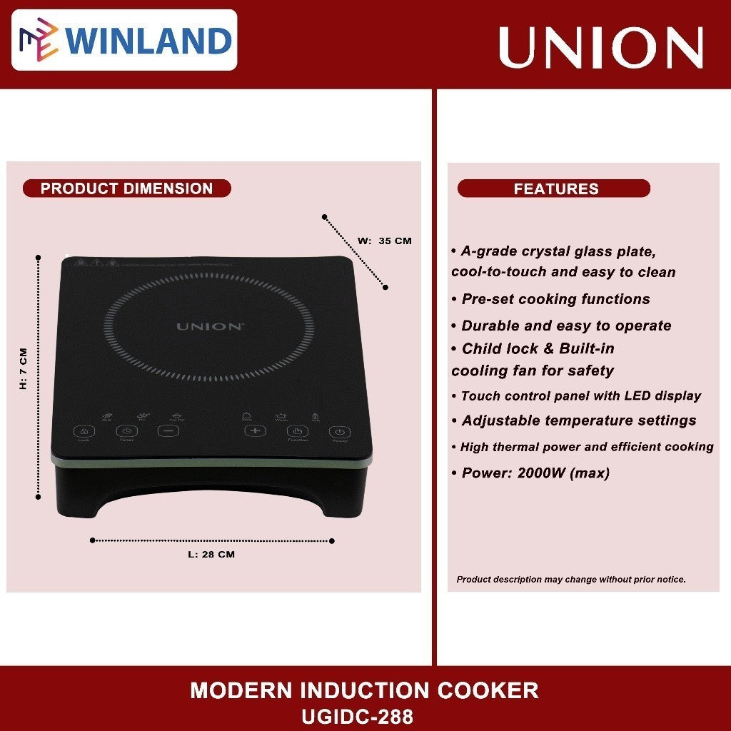 Union Crystal glass Induction Cooker With Free Cooking Pot and Lid UGIDC-288