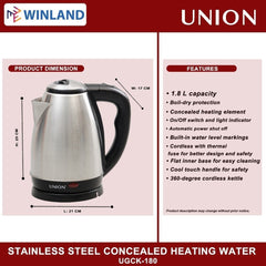 Union 1.8L Stainless Steel Concealed Heating Water Heater/Electric Kettle UGCK-180