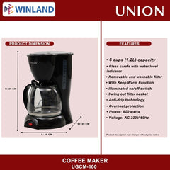 Union 1.2L/6Cups Coffee Maker Coffee Machine w/ Keep Warm Function UGCM-100