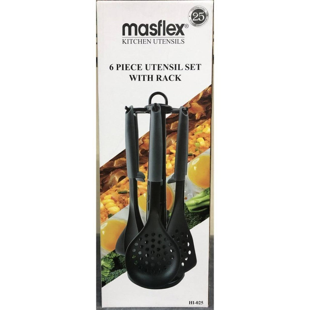 Masflex by Winland 6 Piece Gray Utensils Set with Rack Ladle Spoon Turner Skimmer HI-025
