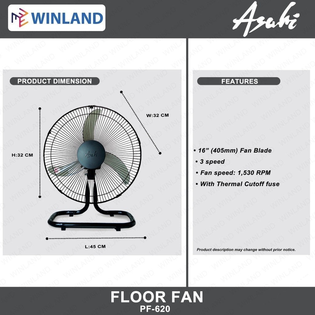 Asahi by Winland 16 inch Super Power Floor Fan | Electric Fan PF-620(BLK)