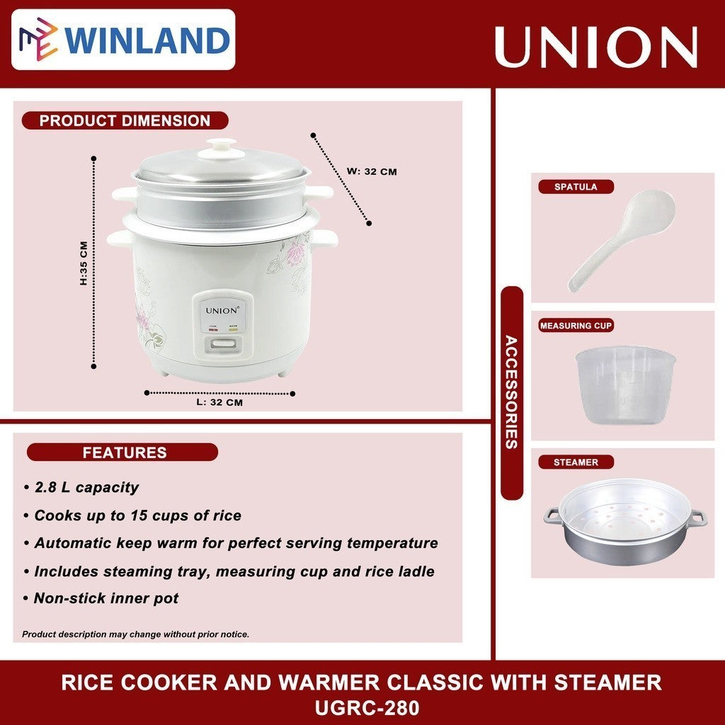 Union 2.8L Jumbo Classic Rice Cooker and Warmer with Steamer UGRC-280