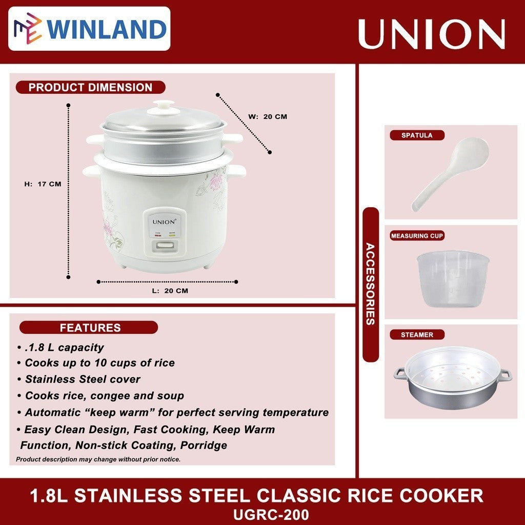 Union by Winland 1.8L Stainless Steel Classic Rice Cooker and Warmer with Steamer UGRC-200