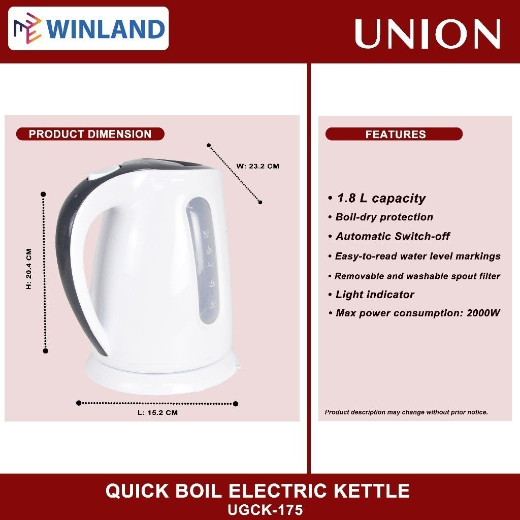 Union Quick Boil Electric Kettle with Heat Resistant Housing 1.8 Liters | 2000W UGCK-175