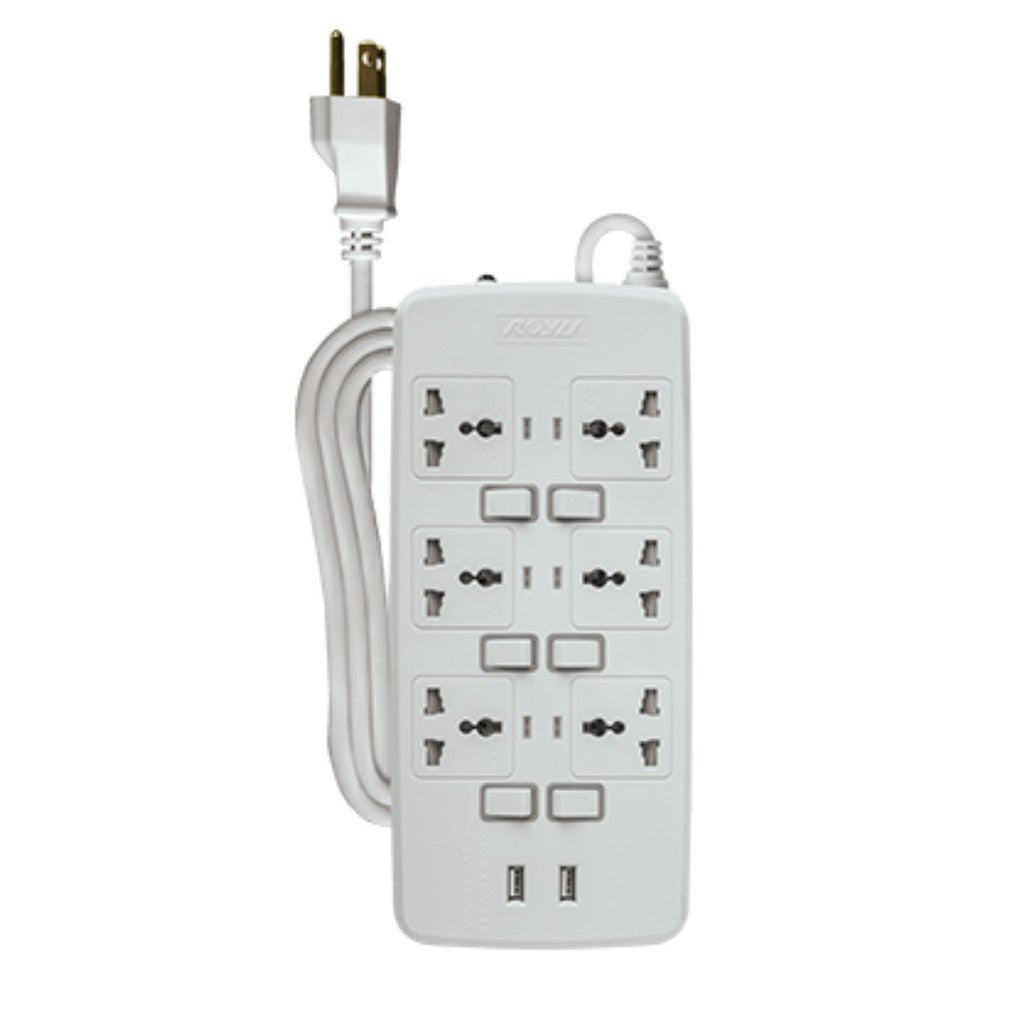 Royu by Winland 6 Socket 2 Meter Power Extension Cord Wire with Individual Switches & 2 USB Ports