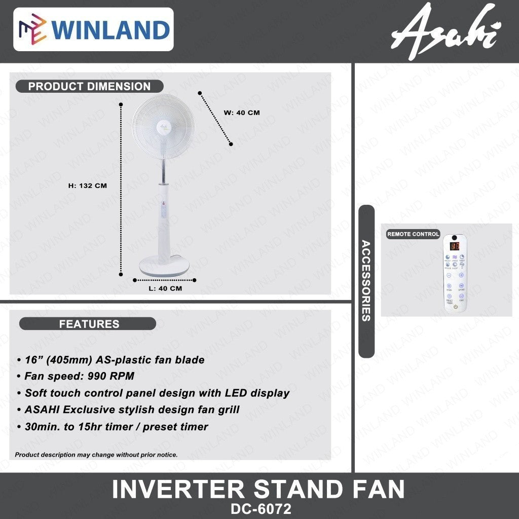 Asahi by Winland Inverter Stand Fan with 24 Speeds Control and LED Display DC-6072