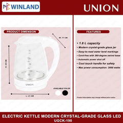 Union 1.8Liters Electric Kettle Modern crystal-grade Glass LED | Water Heater UGCK-190