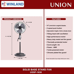 Union 16inches Solid Base Stand Fan / Electric Fan UGSF-1638(GRY)