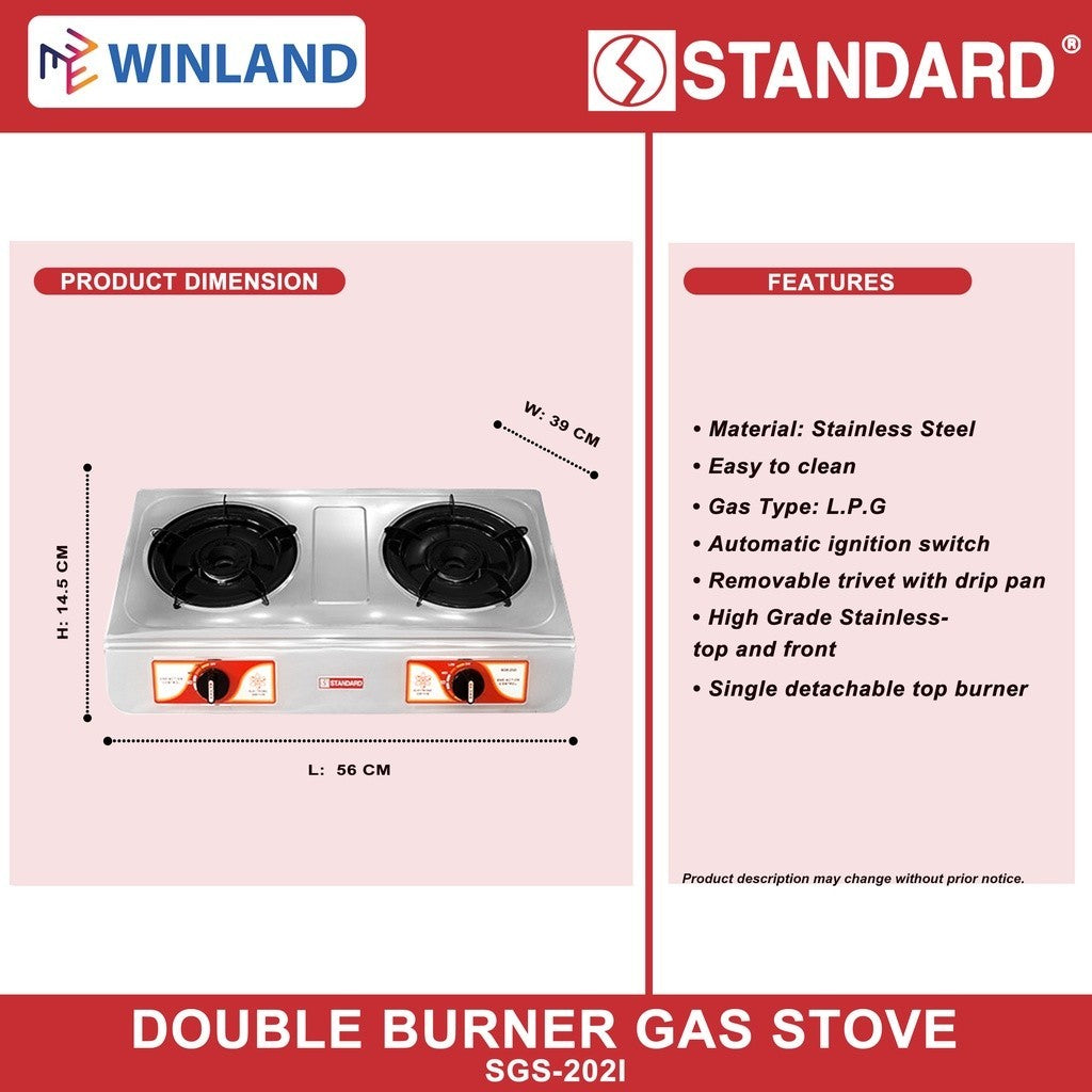 Standard by Winland Appliances Stainless Double Burner LPG Stove w/ Auto Ignition Switch SGS-202i