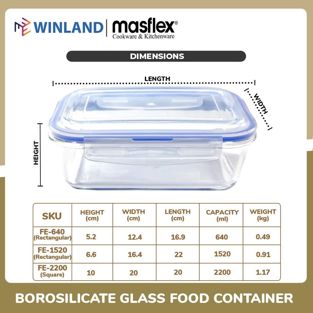 Masflex by Winland by 2200 ml Square Borosilicate Glass Food Container Storage FE-2200