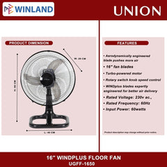 Union 16inches Wind Plus Floor Fan / Electric Fan UGFF-1650(BLK)