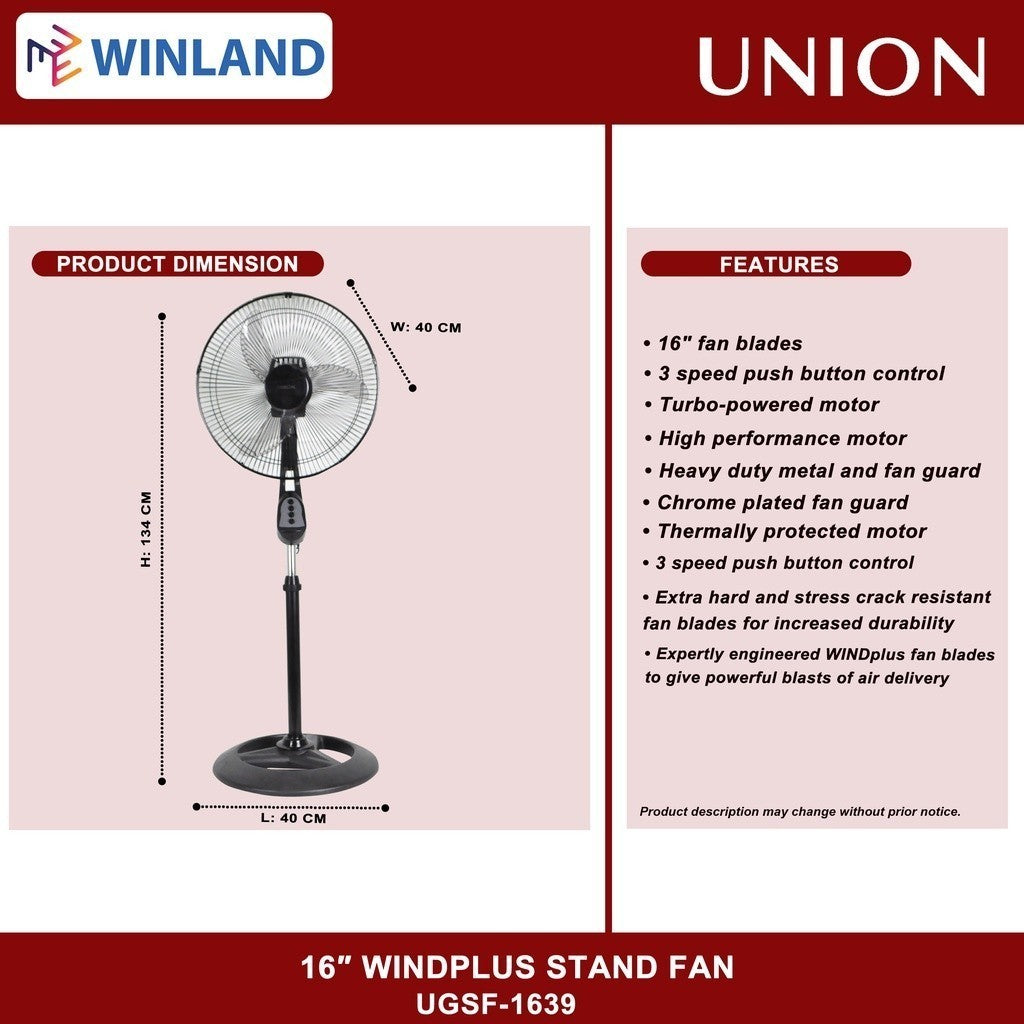 Union 16inches Wind Plus Stand Fan / Electric Fan UGSF-1639(BLK)