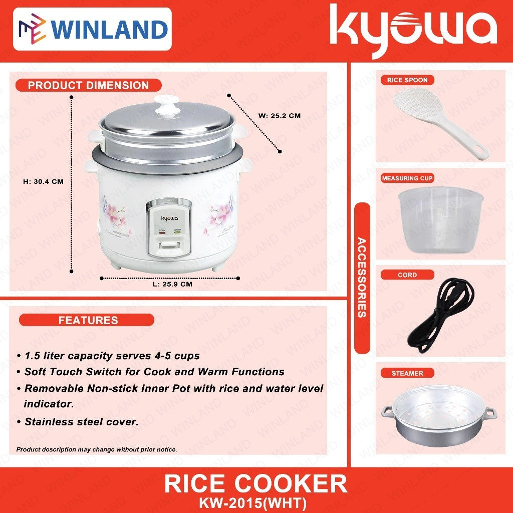 Kyowa 1.5L serves 4-5 cups Rice Cooker with Steamer KW-2015(WHT)