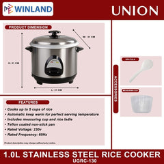 Union 1.0L Stainless Steel Rice Cooker and Warmer UGRC-130