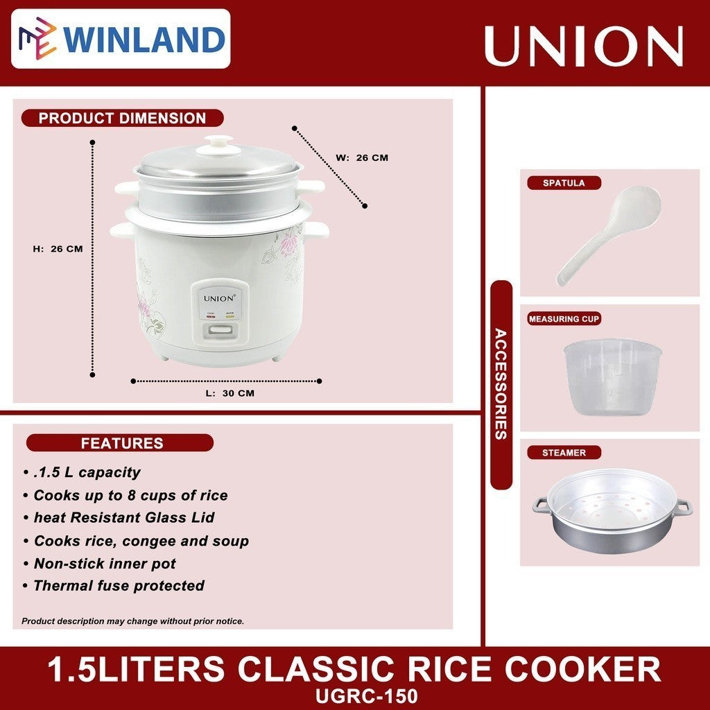 Union 1.5Liters Classic Rice Cooker and Warmer with Steamer UGRC-150