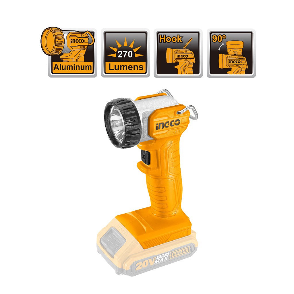 Ingco P20S 20V Li-Ion Cordless Work Lamp Flashlight 1.5W-3.2W-5W