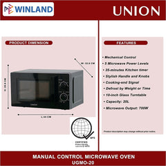 Union 20 Liters Manual Control Microwave Oven Defrost Function & 5 Power Levels UGMO-20