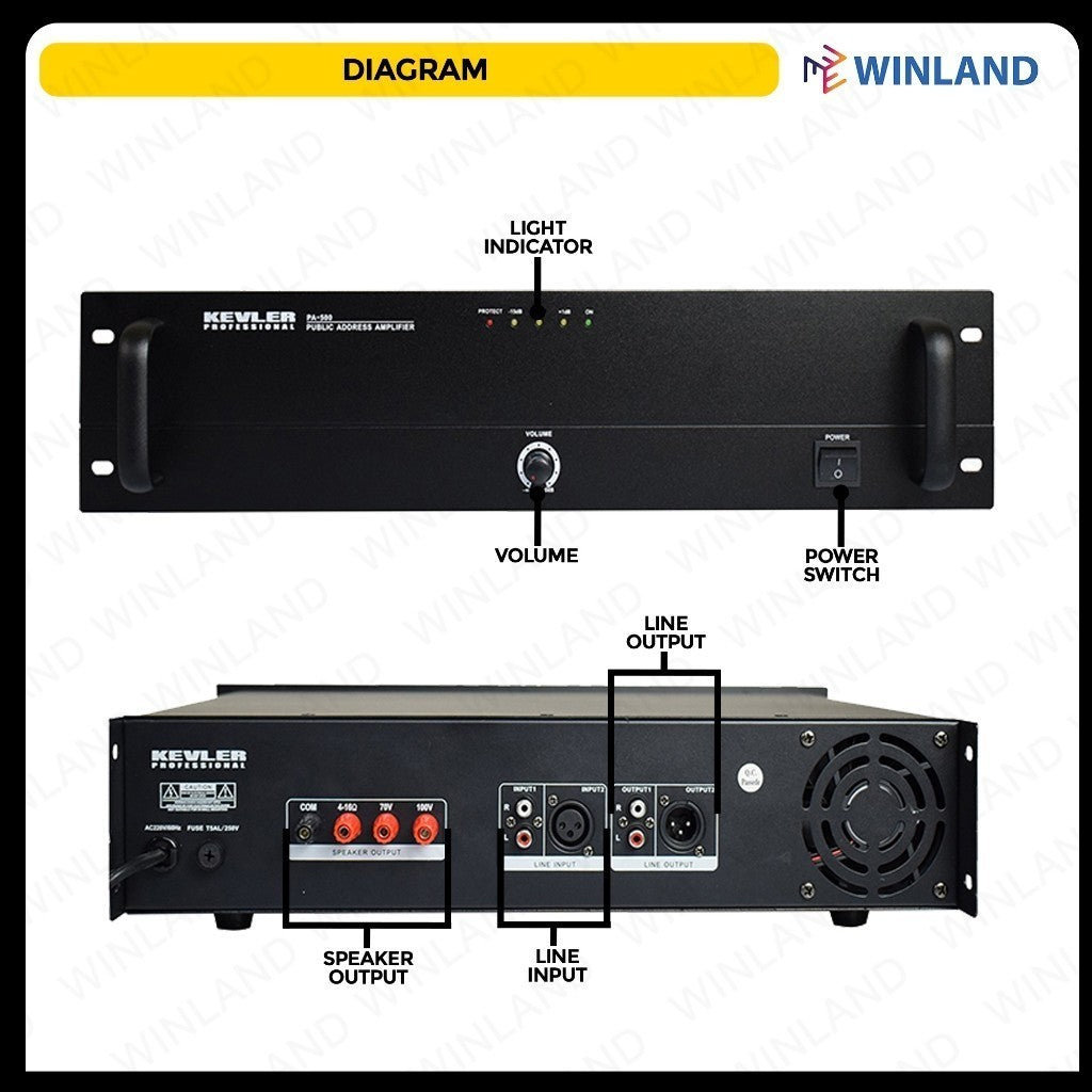 Kevler 450W PA Power Amplifier with LED Indicators 70/100V Line PA-500