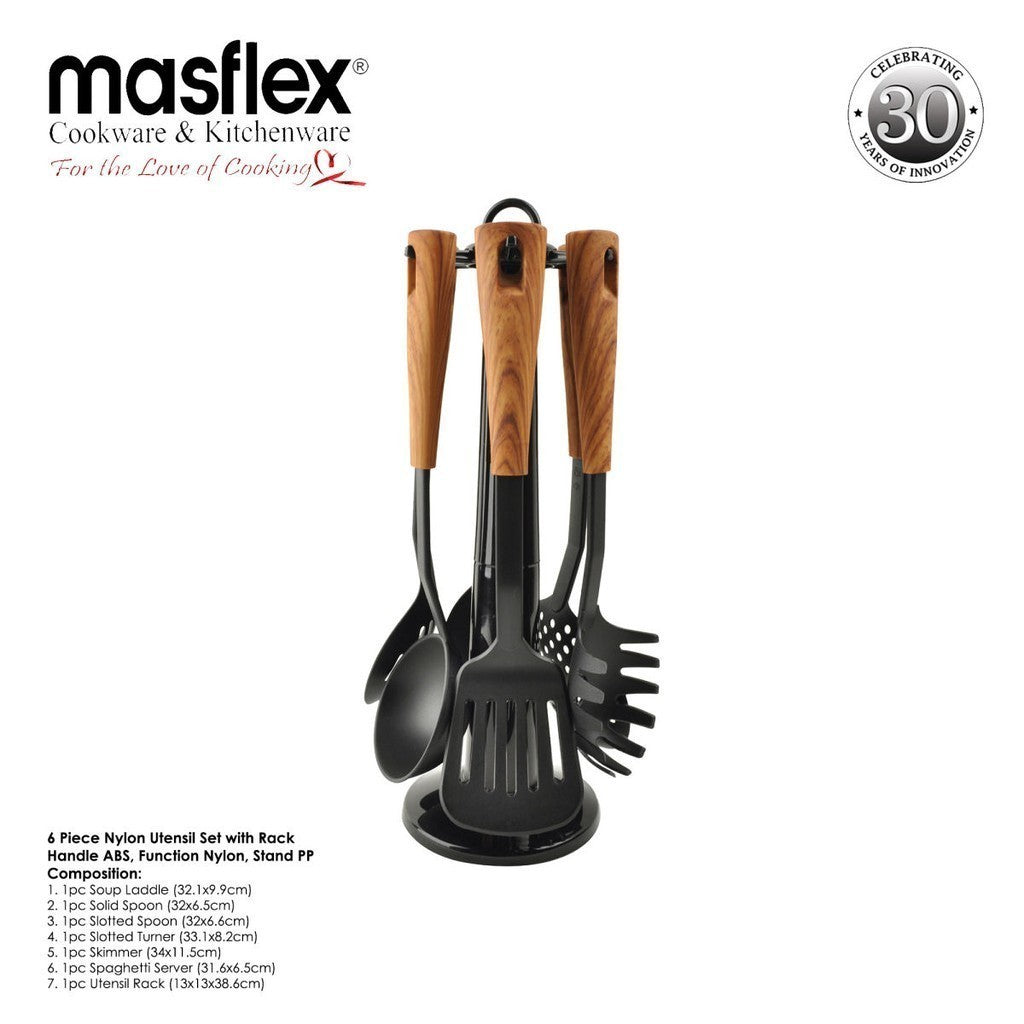 Masflex by Winland 6 Piece Utensils Set with Rack Soup Ladle Spoon Turner Spaghetti Server HI-963