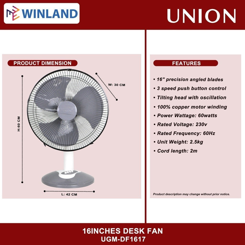 Union by Winland 16inches Desk Fan / Electric Fan UGM-DF1617(GRY)