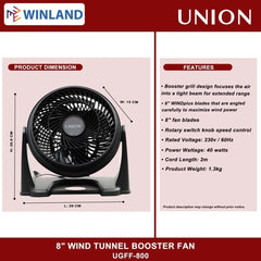 Union 8inches Wind Tunnel Booster Fan Cool Velocity Desk Fan Electric Fan UGFF-800