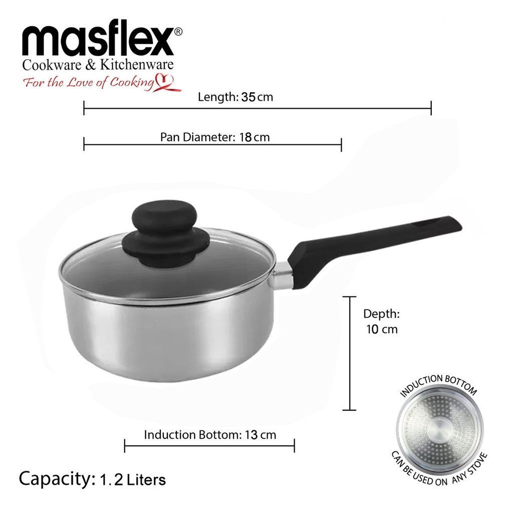 Masflex by Winland Non Stick Satin Sauce Pan Induction Saucepan with Glass Lid 18cm BB-18SP